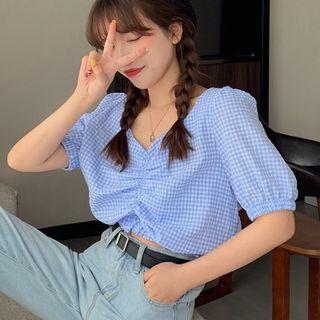 Checked Short-sleeve Blouse Blue - One Size