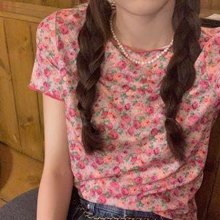 Short-sleeve Floral Print T-shirt Flower - One Size