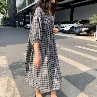 Plaid 3/4-sleeve Midi Dress As Shown In Figure - One Size