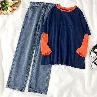 Mock- Two-piece Long-sleeve T-shirt / Wide-leg Jeans