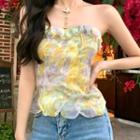 Ruffled Trim Dyed Flower Tube Top As Show In Figure - One Size