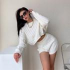 Set: Cable-knit Crop Sweater + Knit Shorts