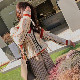 Striped V-neck Fringe Sweater