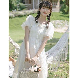 Puff-sleeve Floral Embroidered Midi Smock Dress