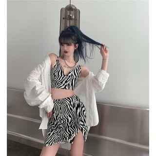 Plain Long-sleeve Shirt / Printed Zebra Sleeveless Top / Split Skinny Skirt