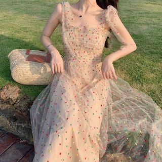 Dotted Shoulder-tie Maxi Mesh Dress