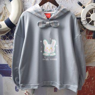 Hooded Plaid Bow Panel Rabbit Printed Sweatshirt