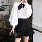Lantern-sleeve Blouse / Ruffle Hem Mini A-line Skirt