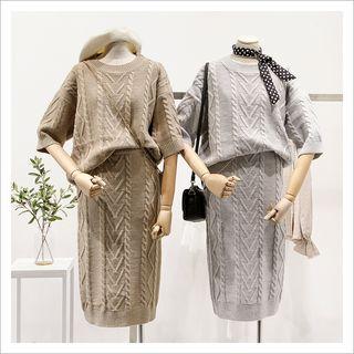 Set: Cable-knit Elbow-sleeve Sweater + Knit Skirt
