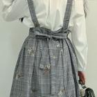 Embroidered Plaid Midi Suspender Skirt