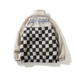 Checker Print Faux Shearling Zip Jacket