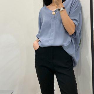 V-neck Elbow-sleeve T-shirt Purple - One Size