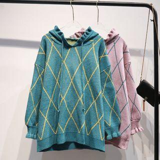 Patterned Hooded Long-sleeve Knit Top