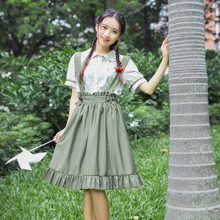 Short-sleeve Lettering Blouse / Ruffled Jumper Skirt