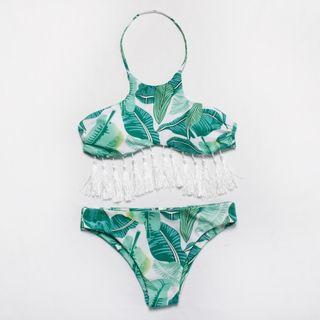 Leaf Print Halter Tasseled Bikini