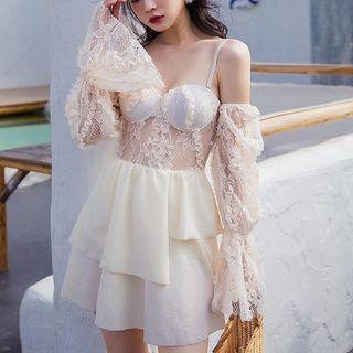 Spaghetti Strap Swimdress With Lace Sleeves