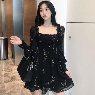 Long-sleeve Floral Print A-line Mini Dress Black - One Size