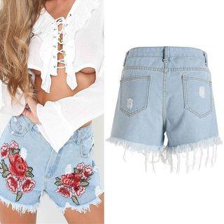 Floral Embroidery Washed Denim Shorts