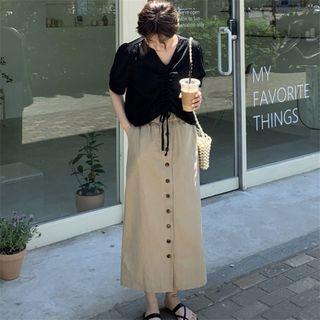 Elbow-sleeve Buttoned Top / Buttoned Maxi Skirt