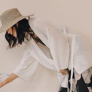 Plain Tie-waist Jacket White - One Size