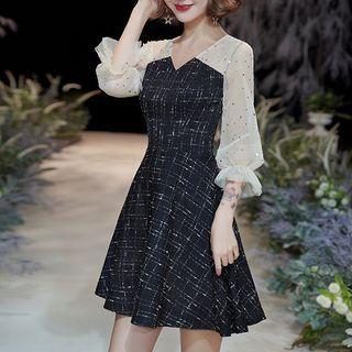 3/4-sleeve Glitter Mesh A-line Mini Dress