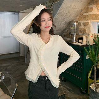 Long-sleeve Frill Trim Button-up Top Beige - One Size