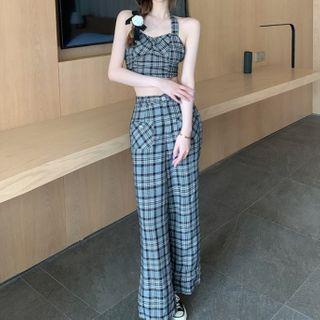 Halter-neck Plaid Cropped Camisole Top / Plaid Straight Leg Pants