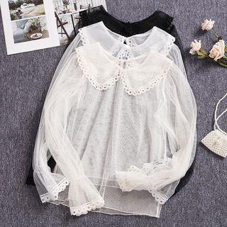 Peter Pan Collar Bell-sleeve Mesh Top