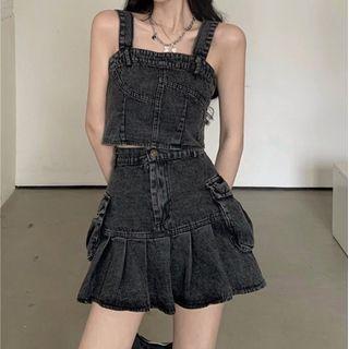 Set: Spaghetti Strap Denim Top + Mini A-line Skirt