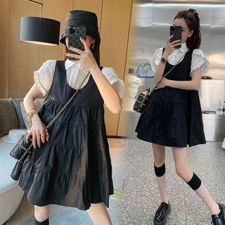 Set: Ruffled Short-sleeve Blouse + Mini A-line Pinafore Dress