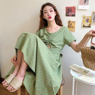 Short-sleeve Cutout Checker A-line Midi Dress