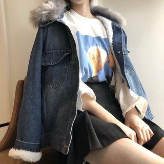 Faux Fur Trim Denim Jacket Blue - One Size