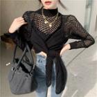 Long-sleeve Tie-waist Mock-neck Knit Top