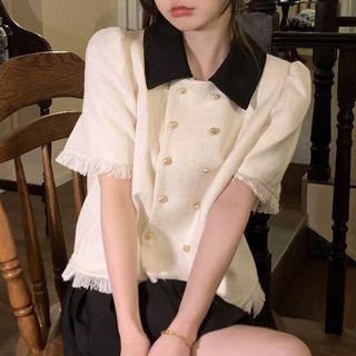 Short-sleeve Double-breasted Tasseled Blouse White - One Size
