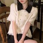 Short-sleeve Double-breasted Tasseled Blouse White - One Size