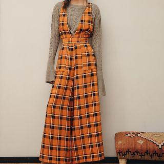 Plaid Sleeveless V-neck Wide-leg Jumpsuit