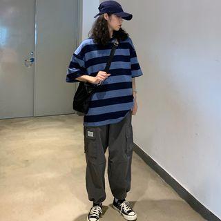 Striped Elbow-sleeve T-shirt / Cropped Harem Pants
