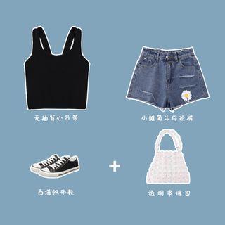 Plain Tank Top / Distressed Flower Embroidered Denim Shorts