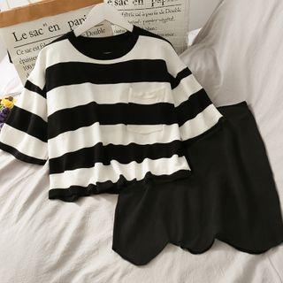 Set: Striped Loose T-shirt + High-waist Mini Skirt