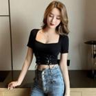Square Neck Lace Up Short-sleeve Crop Top