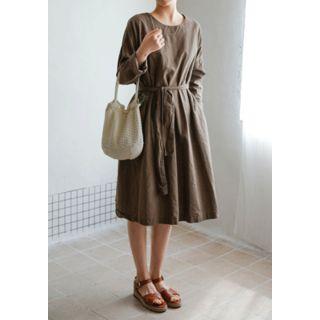 Linen Blend Long Dress With Sash