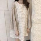 Set: Long-sleeve Sheer Top + Sleeveless A-line Tweed Dress