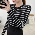 Buttoned Striped Rib Knit Top