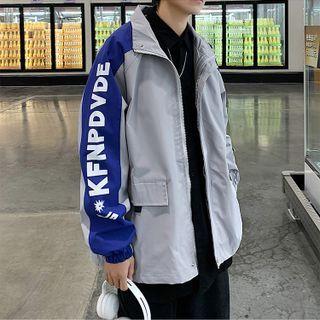 Lettering Long-sleeve Plaid Panel Shirt Jacket