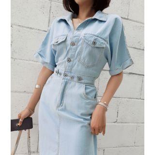 Pocket-detail Cutout-back Denim Dress Blue - One Size