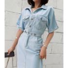 Pocket-detail Cutout-back Denim Dress Blue - One Size