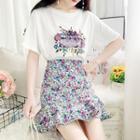 Set: Flower Print Short-sleeve T-shirt + Mini A-line Skirt