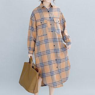 Long-sleeve Plaid Midi Shirt Dress Plaid - Almond Yellow - One Size