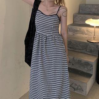 Spaghetti Strap Gingham Check Midi Dress