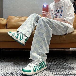 Mid Rise Checker Print Wide Leg Jeans